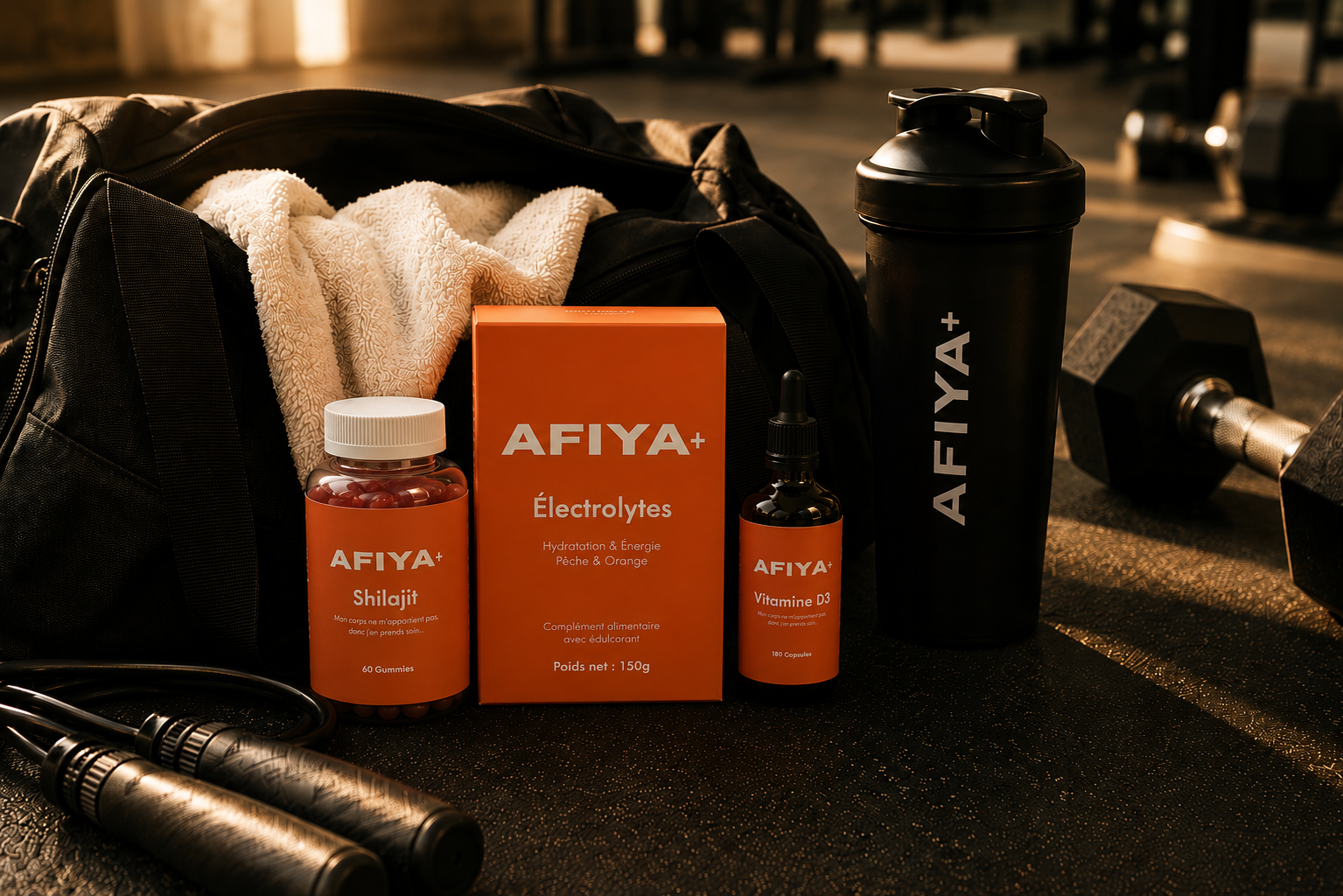 Gamme Afiya+ Shilajit, Électrolytes et Vitamine D3 dans un sac de sport