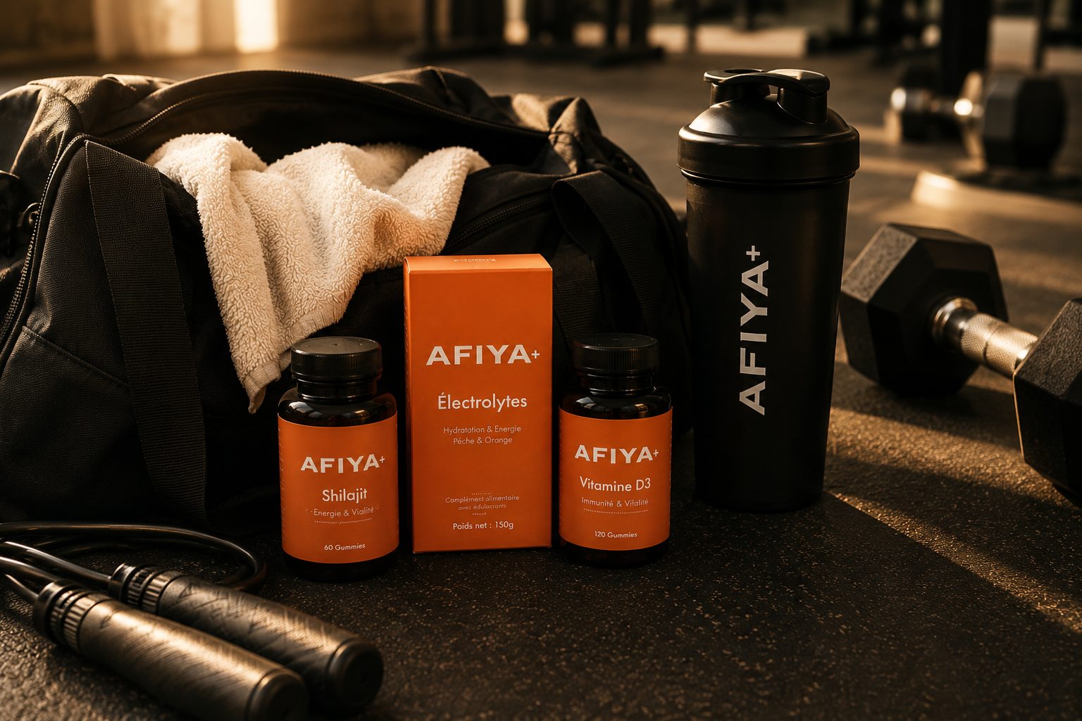 Gamme Afiya+ Shilajit, Électrolytes et Vitamine D3 dans un sac de sport