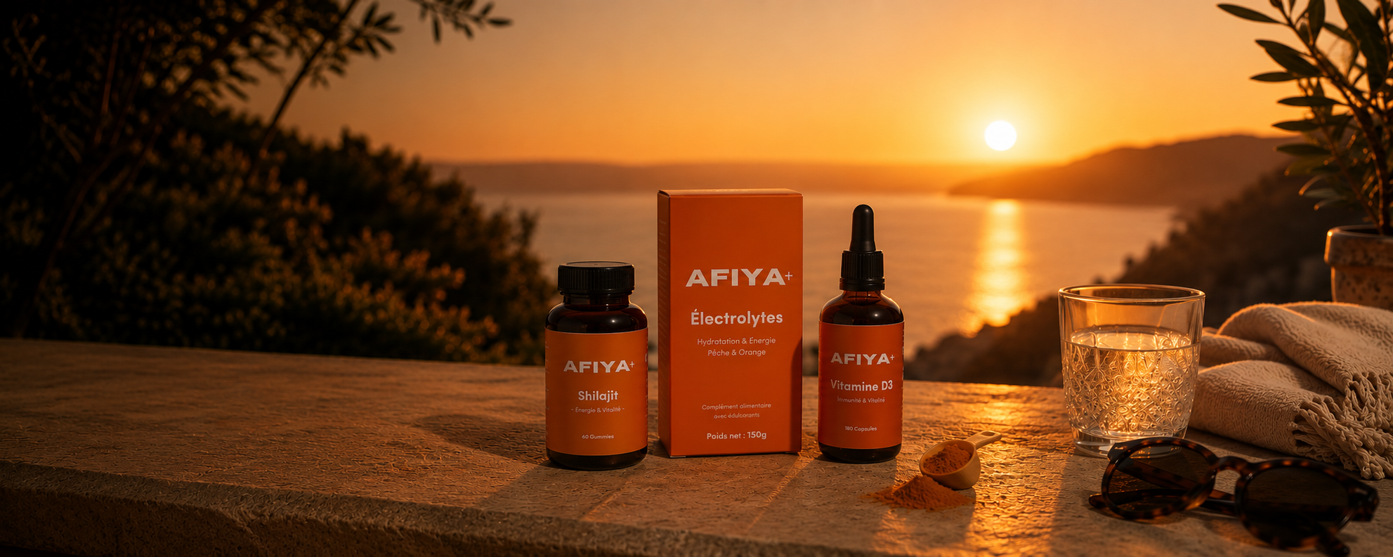 Gamme Afiya+ — Shilajit, Électrolytes et Vitamine D3 au coucher de soleil méditerranéen